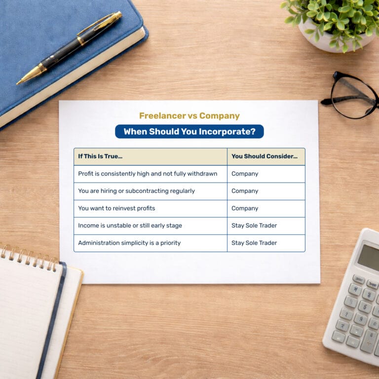 Sole trader vs company comparison table in Portugal showing when to transition from freelancer to company structure