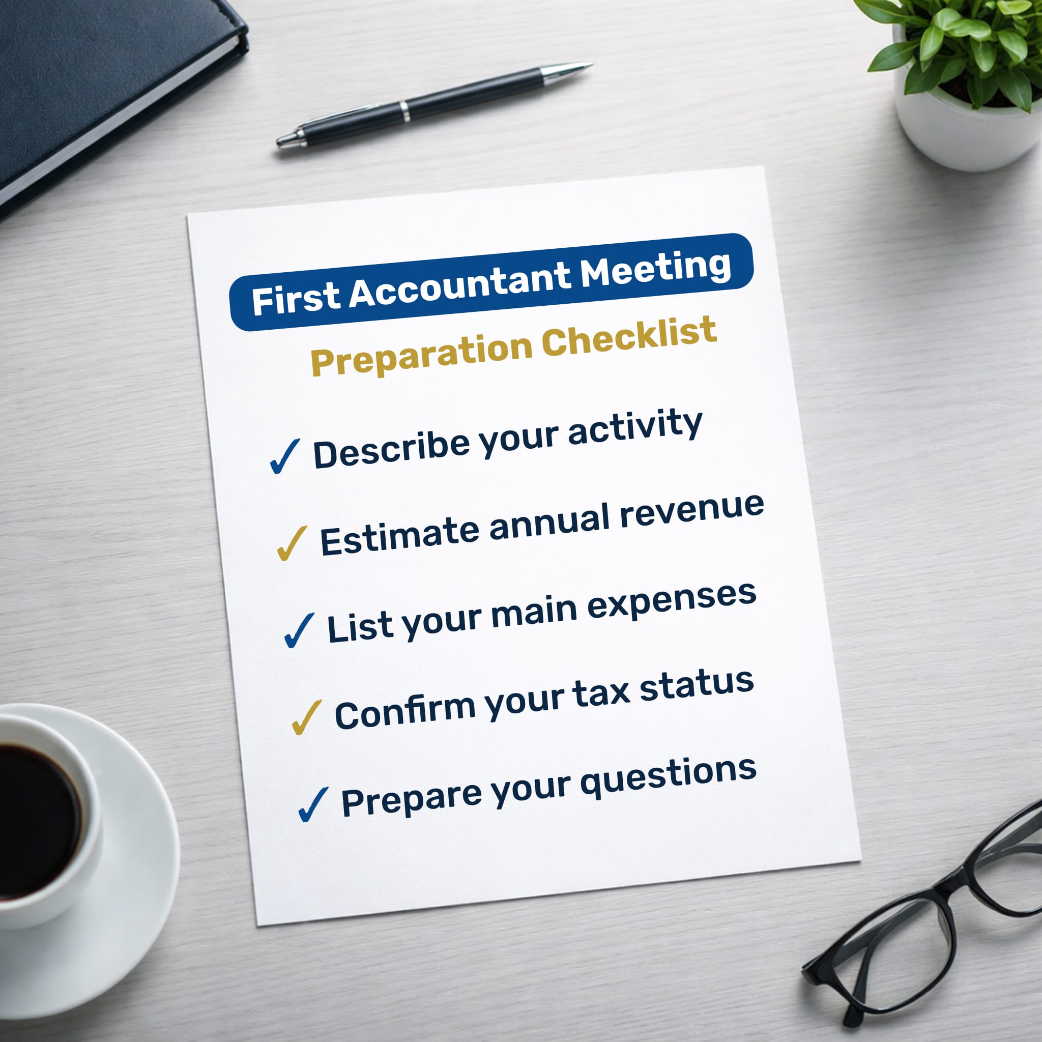 Checklist showing how to prepare for a first meeting with an accountant