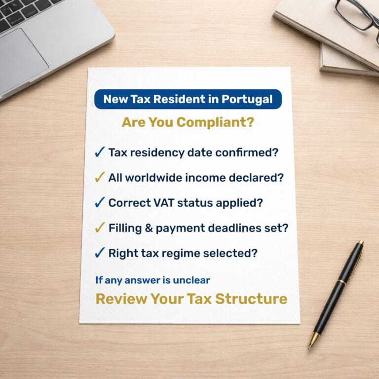 Foreign residents tax checklist in Portugal showing residency, worldwide income, VAT status and deadline review