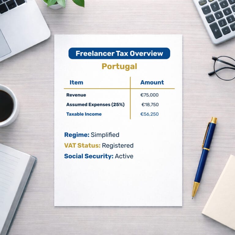 Freelancer tax overview in Portugal showing revenue, expenses and taxable income under the simplified regime