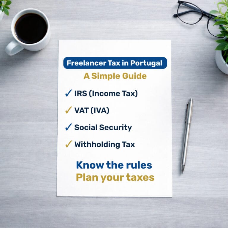 Freelancer tax Portugal guide showing IRS, VAT, social security and withholding tax for freelancers