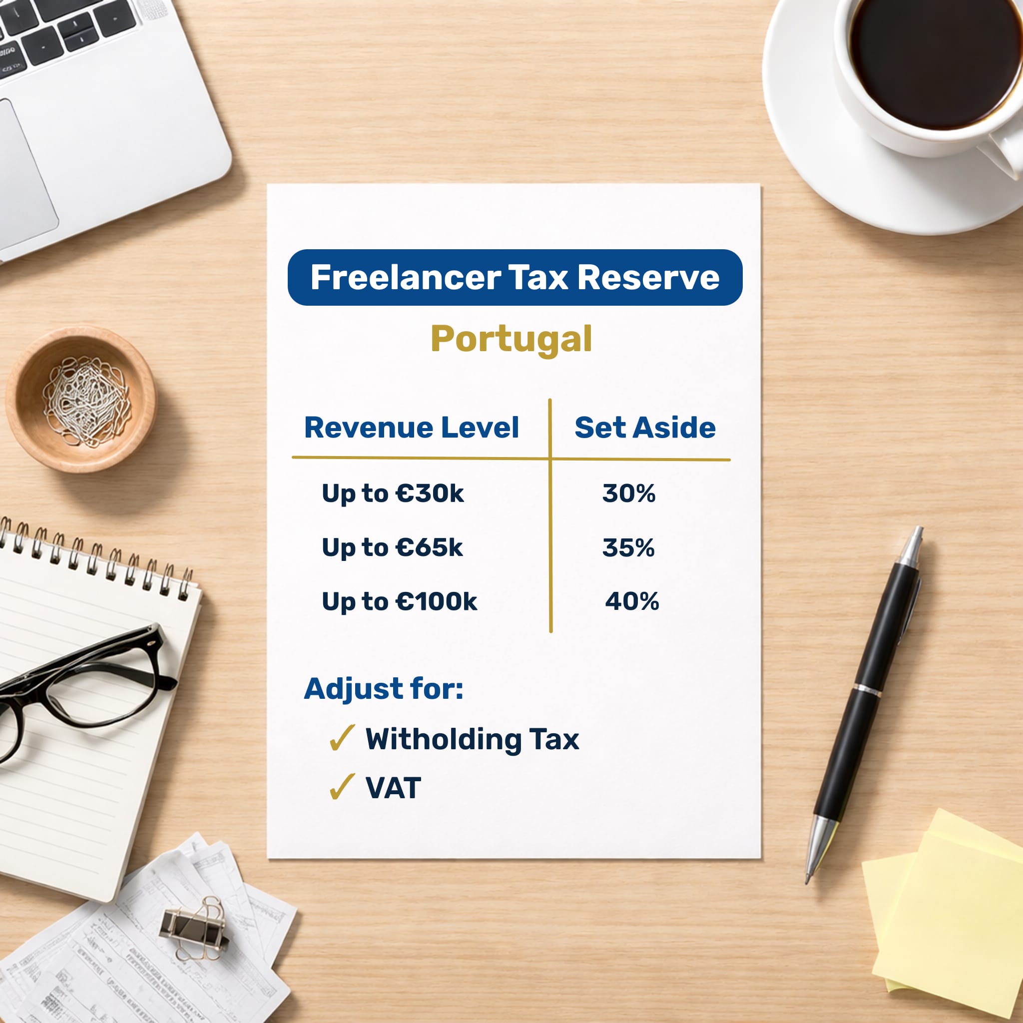 Freelancer tax set-aside guide in Portugal showing 30%–40% rule for Social Security and IRS