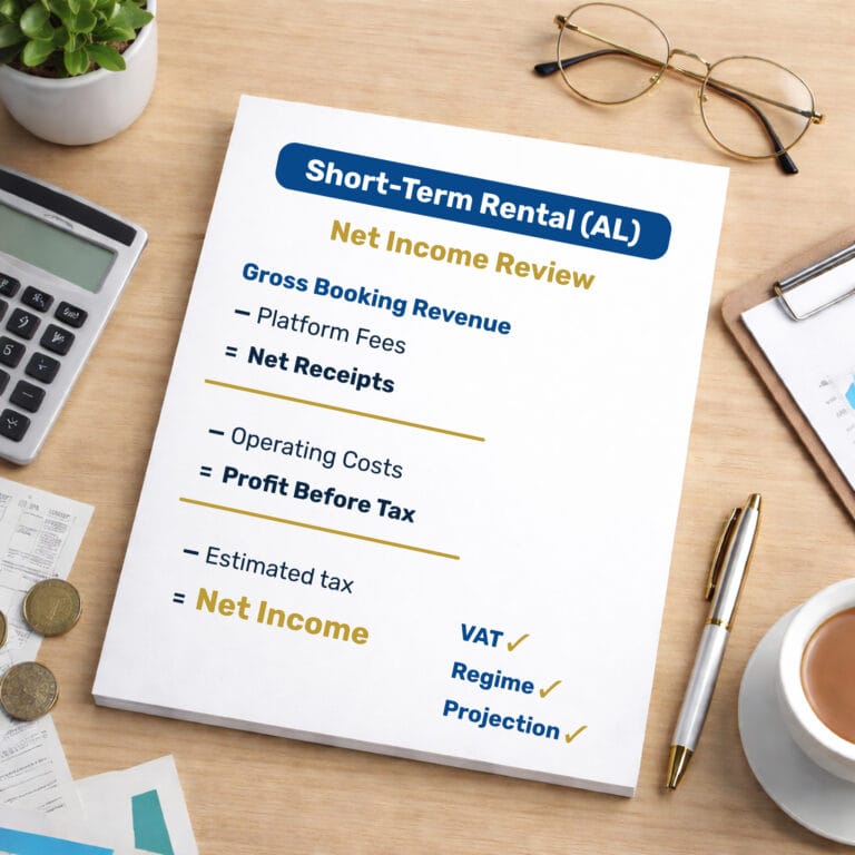 Short-term rental accounting in Portugal net income review showing revenue, expenses, VAT and tax projection breakdown