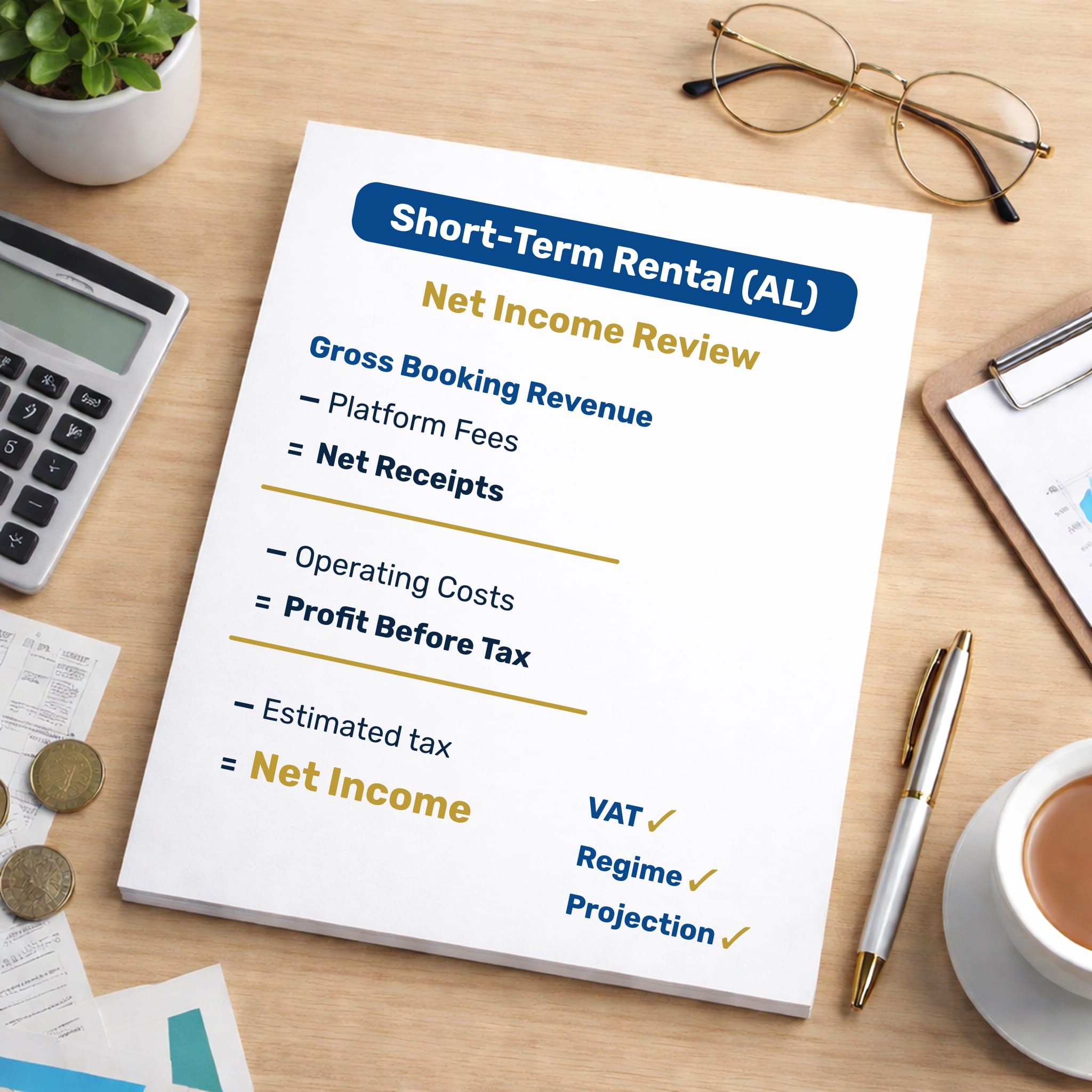 Short-term rental accounting in Portugal net income review showing revenue, expenses, VAT and tax projection breakdown