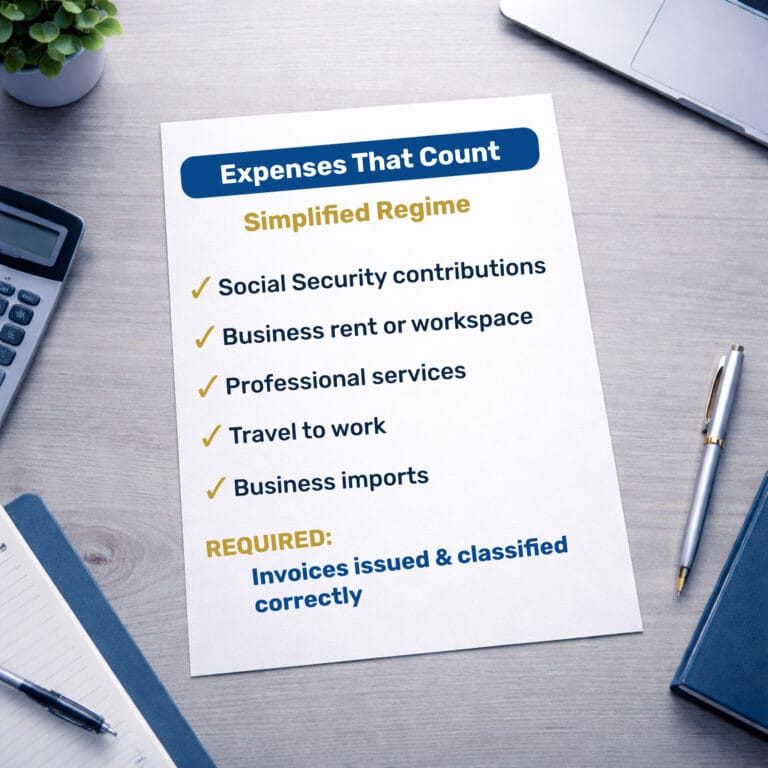 Expenses that count under Portugal’s simplified tax regime for freelancers, including social security, workspace rent, professional services, travel and utilities.