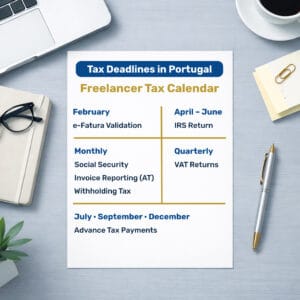 Freelancer tax calendar showing key tax deadlines in Portugal including e-Fatura validation, IRS return, VAT, and Social Security