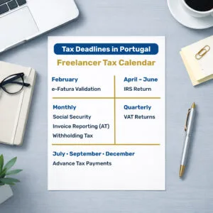 Freelancer tax calendar showing key tax deadlines in Portugal including e-Fatura validation, IRS return, VAT, and Social Security