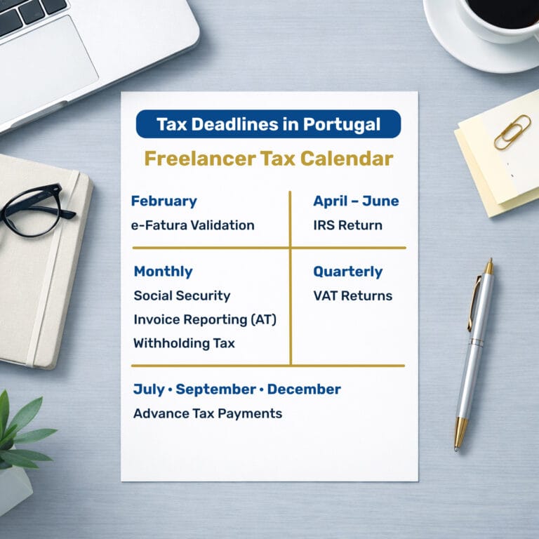 Freelancer tax calendar showing key tax deadlines in Portugal including e-Fatura validation, IRS return, VAT, and Social Security