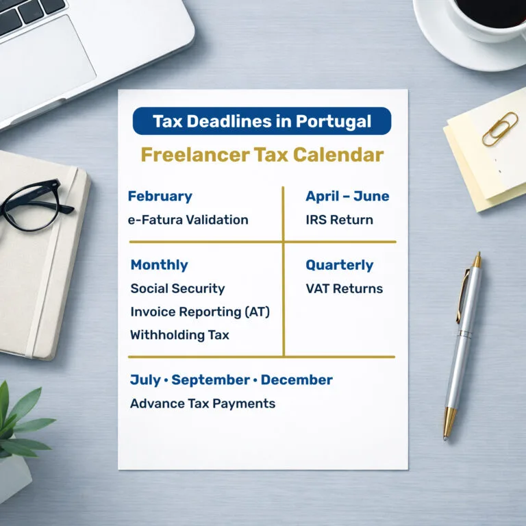Freelancer tax calendar showing key tax deadlines in Portugal including e-Fatura validation, IRS return, VAT, and Social Security
