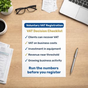 Checklist titled “Voluntary VAT Registration – Quick Decision Check” showing factors to consider before registering for VAT in Portugal