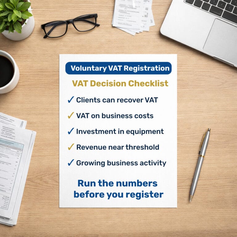 Checklist titled “Voluntary VAT Registration – Quick Decision Check” showing factors to consider before registering for VAT in Portugal